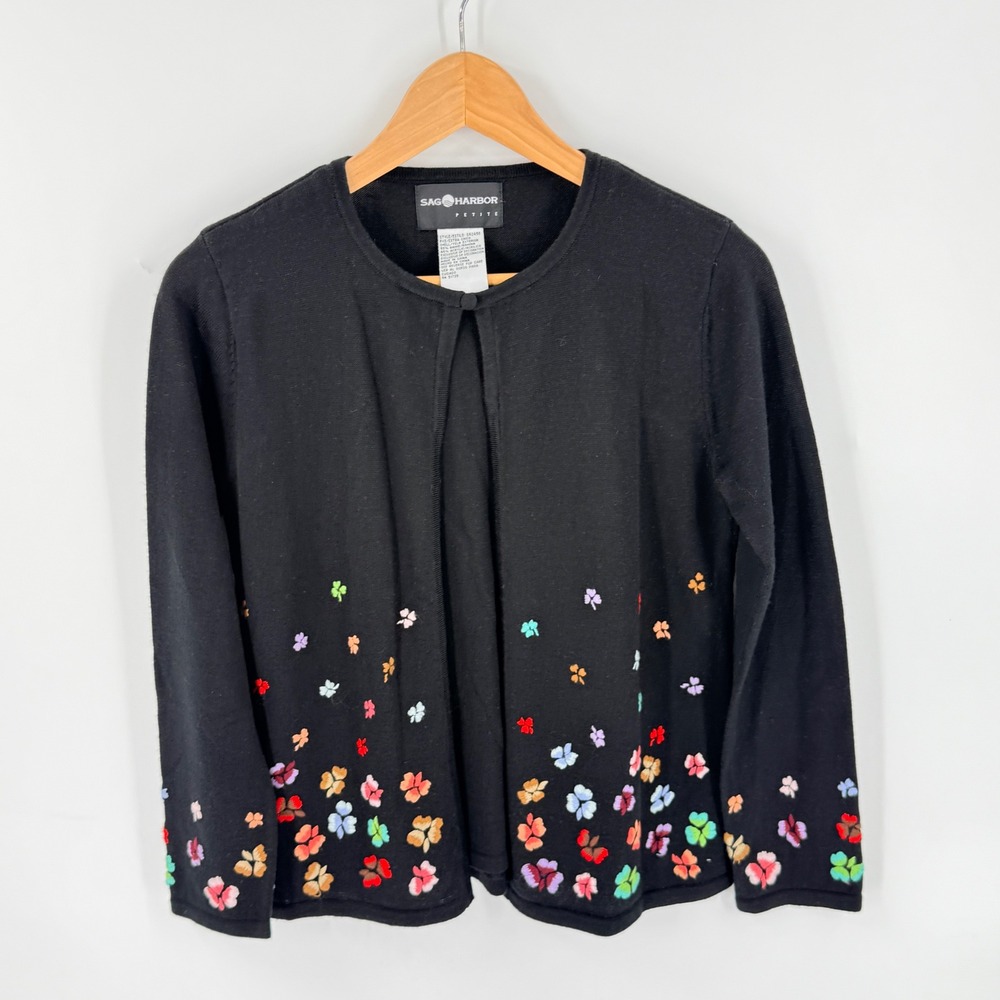 Vintage 3D Knit Whimsical Cardigan Black PXS Petite Floral Grandmacore Floral